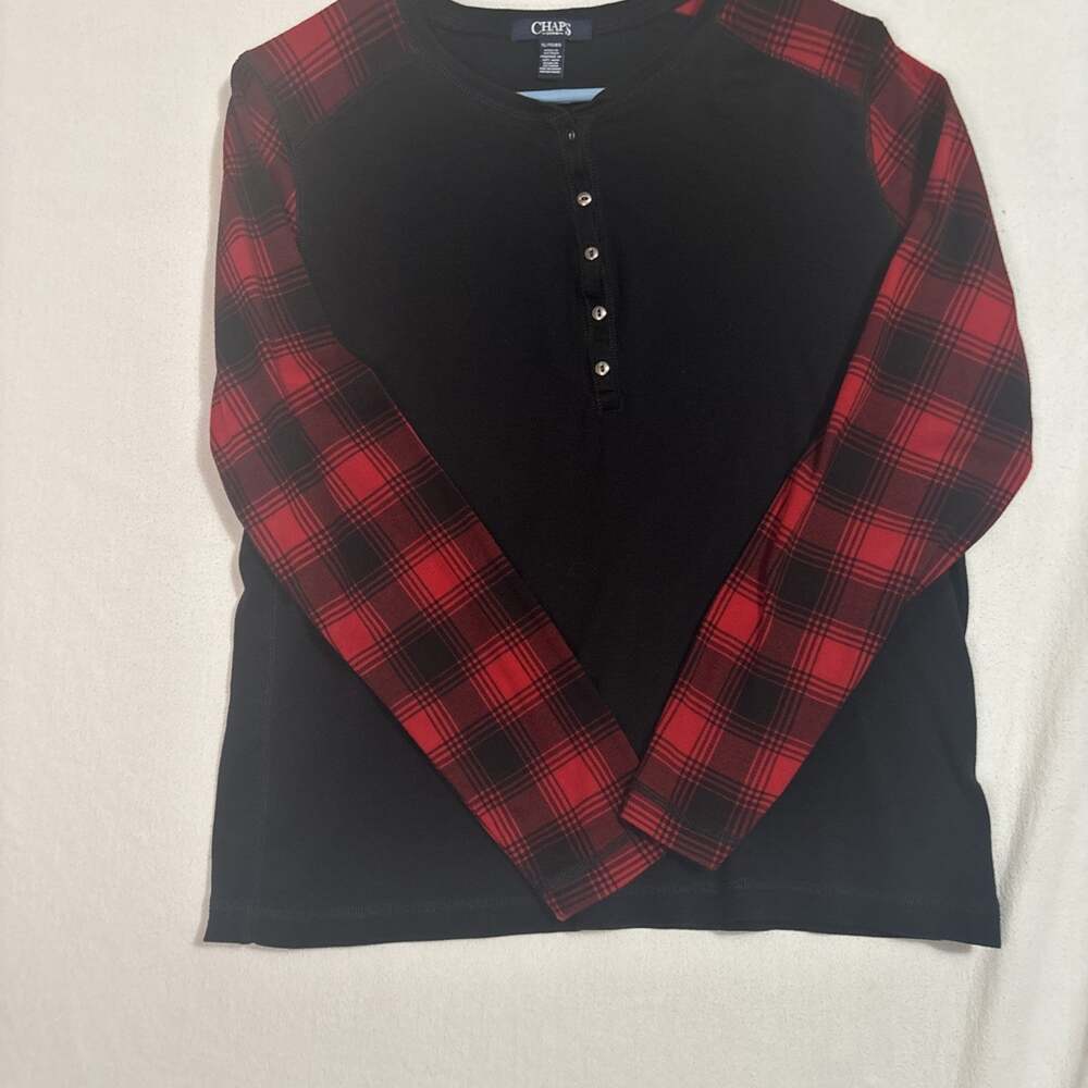 CHAPS Women's Plus Henley Pullover Long Sleeve Top BLACK/RED PLAID Size XL